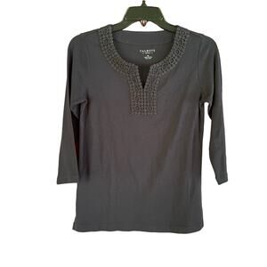 Talbots Top Navy Crochet Trim Sz SP V Neck 3/4 Sleeve Pullover Navy Capsule‎